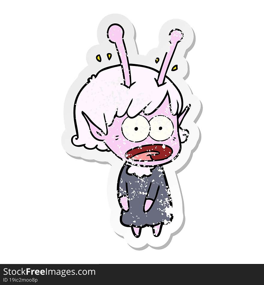 distressed sticker of a cartoon shocked alien girl