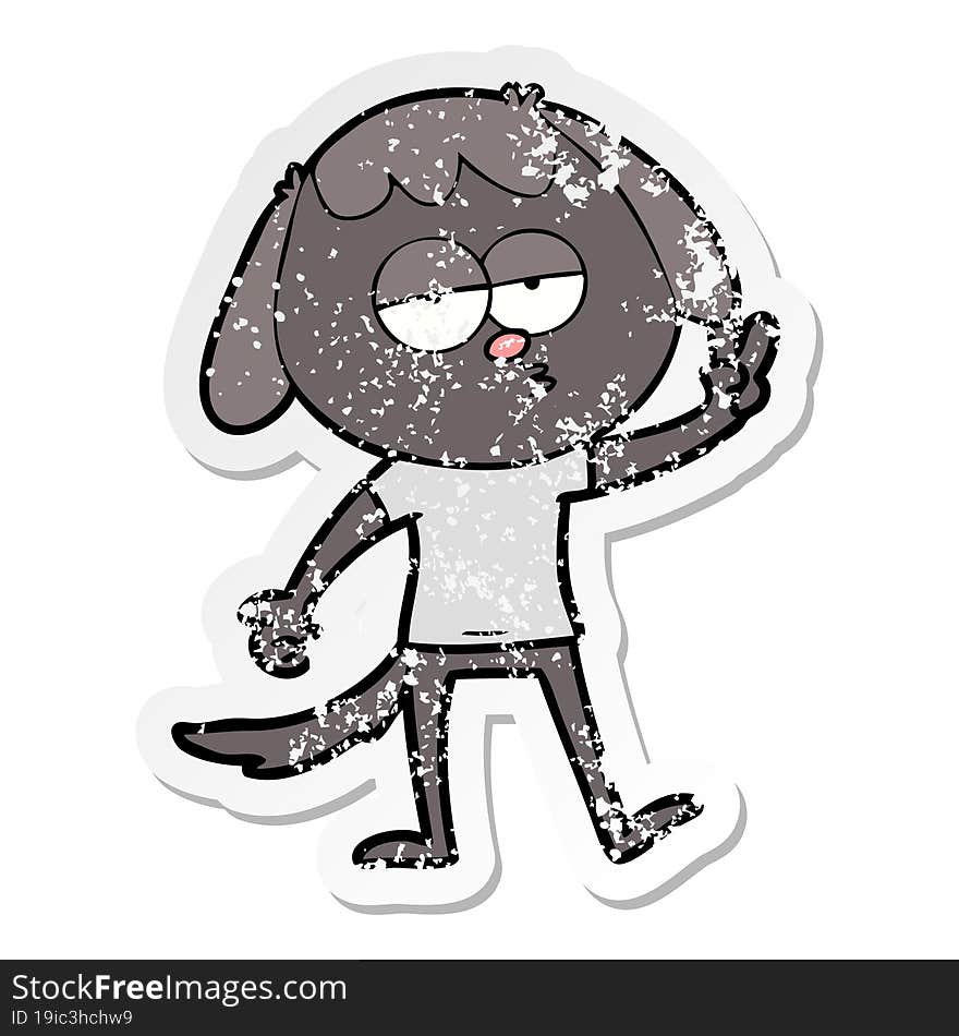 distressed sticker of a cartoon tired dog giving peace sign