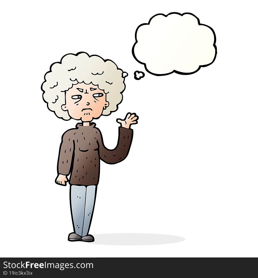 cartoon annoyed old woman waving with thought bubble