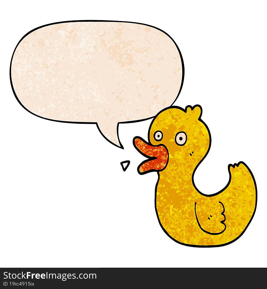 cartoon quacking duck and speech bubble in retro texture style