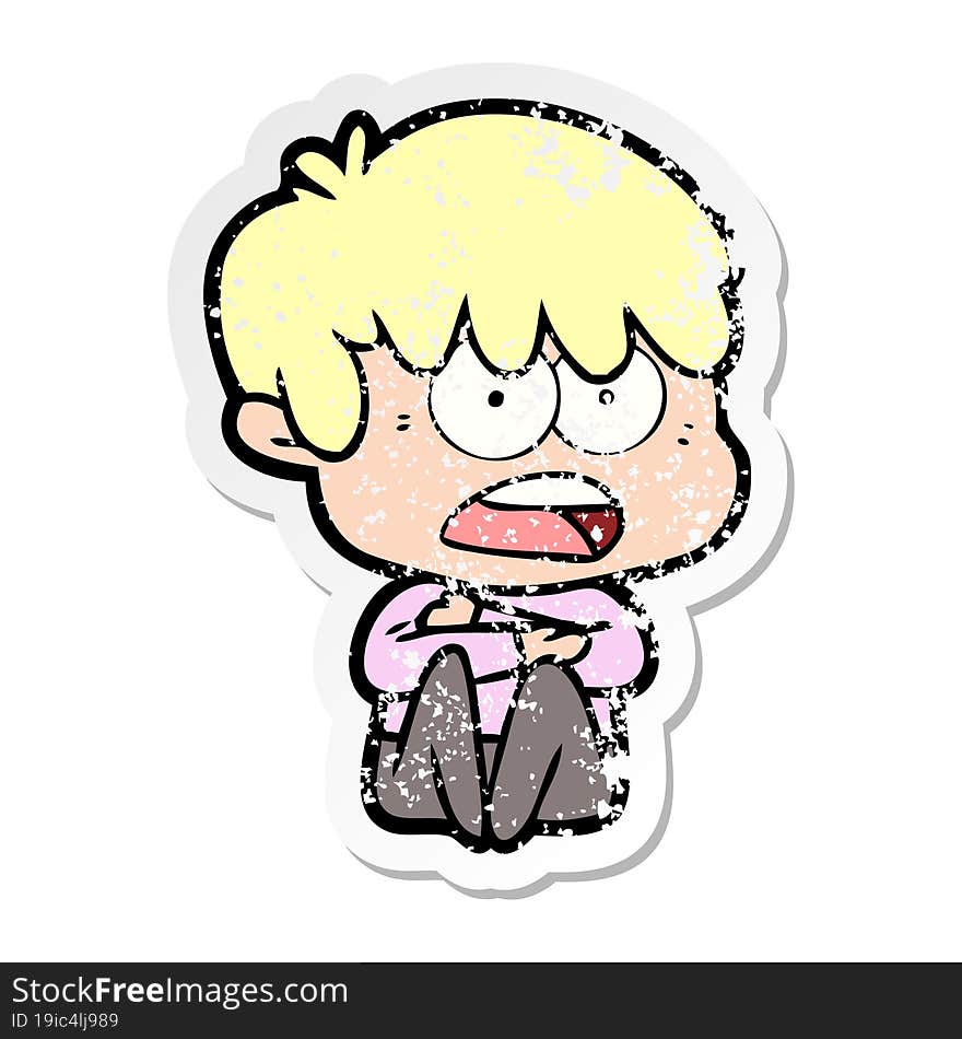 distressed sticker of a worried cartoon boy