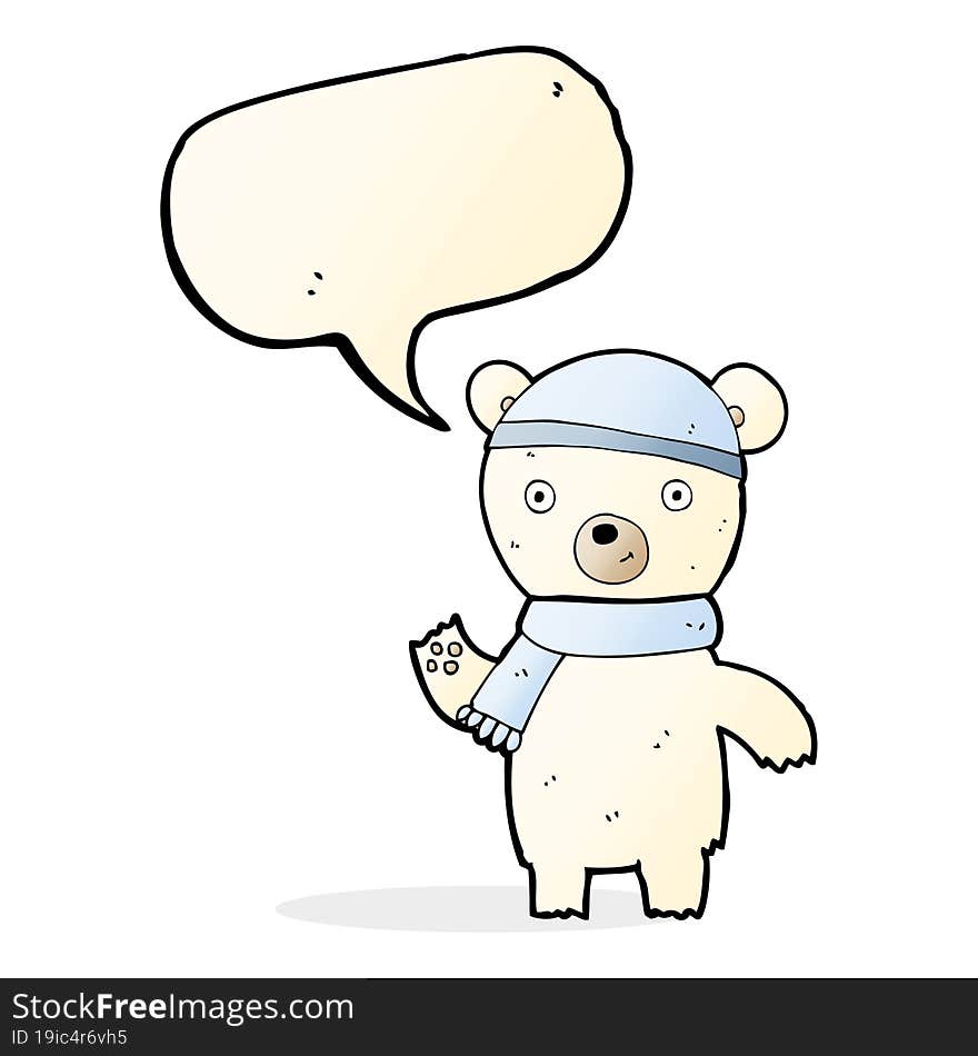 cartoon waving polar bear with speech bubble