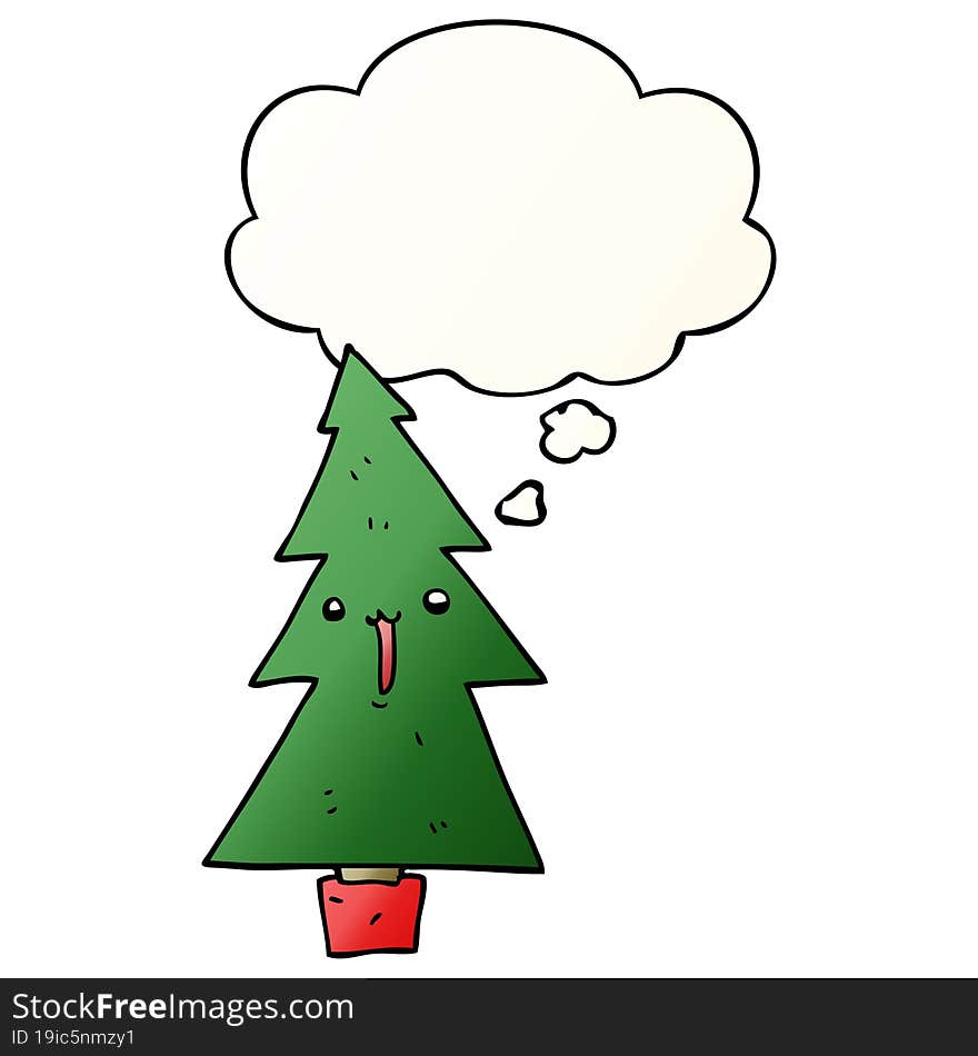 cartoon christmas tree with thought bubble in smooth gradient style