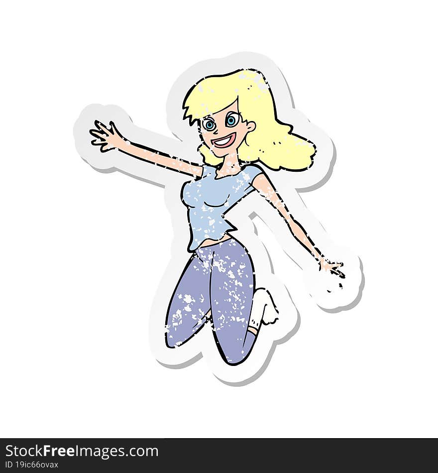 retro distressed sticker of a cartoon jumping woman