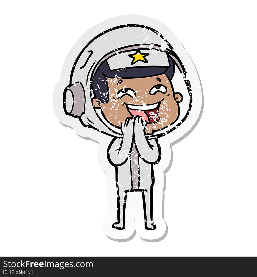 distressed sticker of a cartoon laughing astronaut