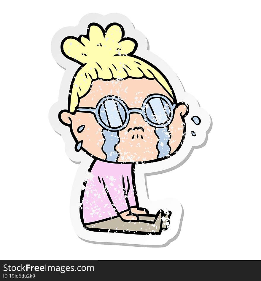 Distressed Sticker Of A Cartoon Crying Woman Wearing Spectacles