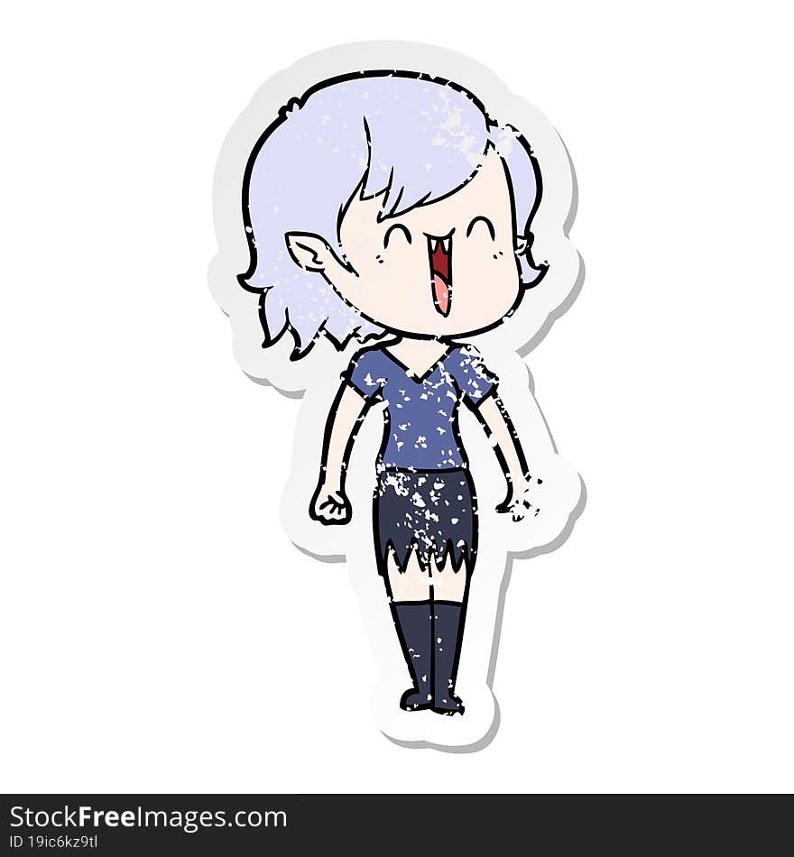 distressed sticker of a cute cartoon happy vampire girl