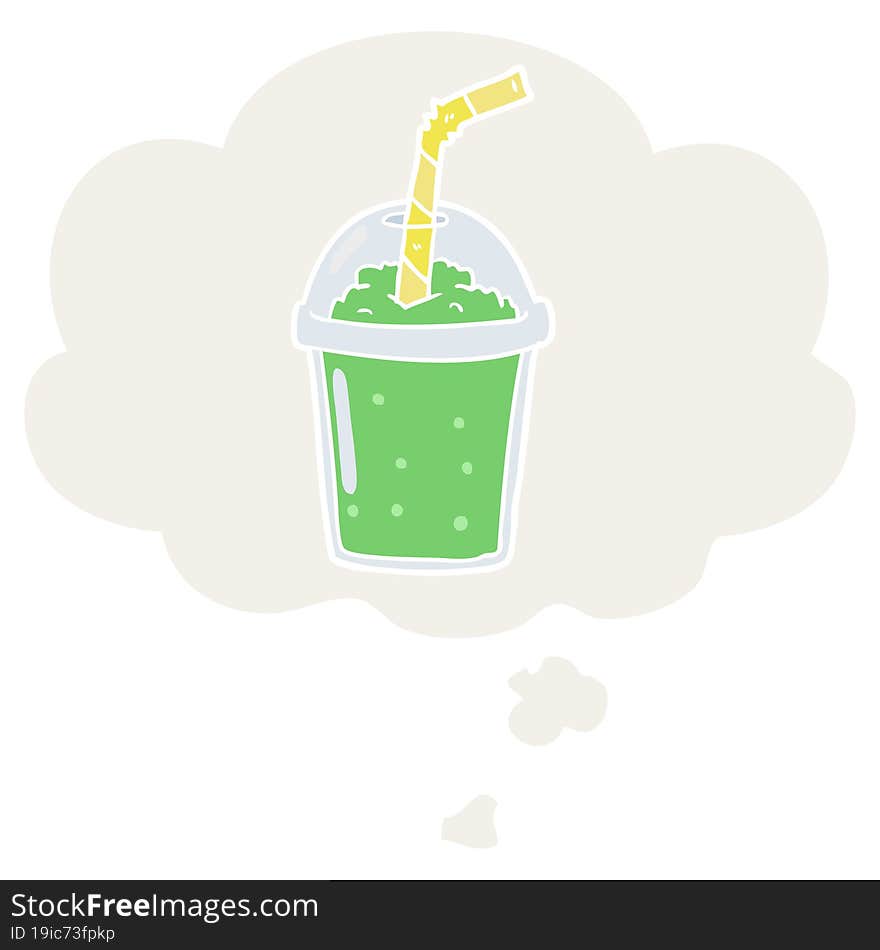 cartoon iced smoothie and thought bubble in retro style