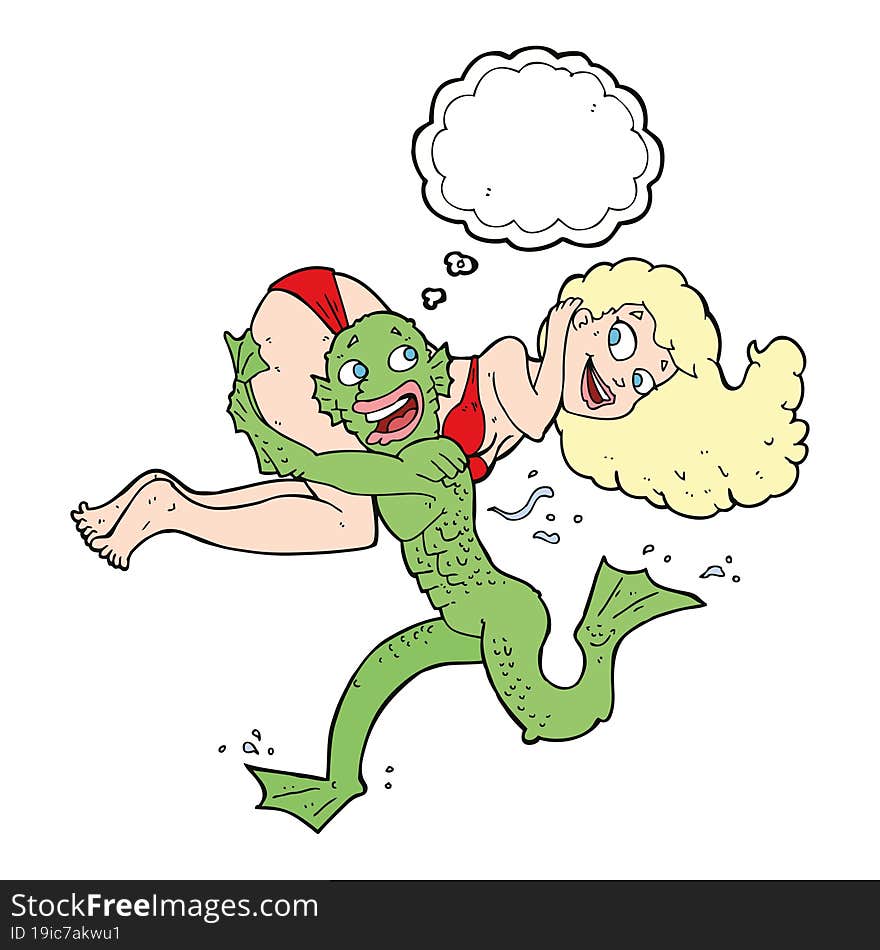 cartoon swamp monster carrying girl in bikini with thought bubble