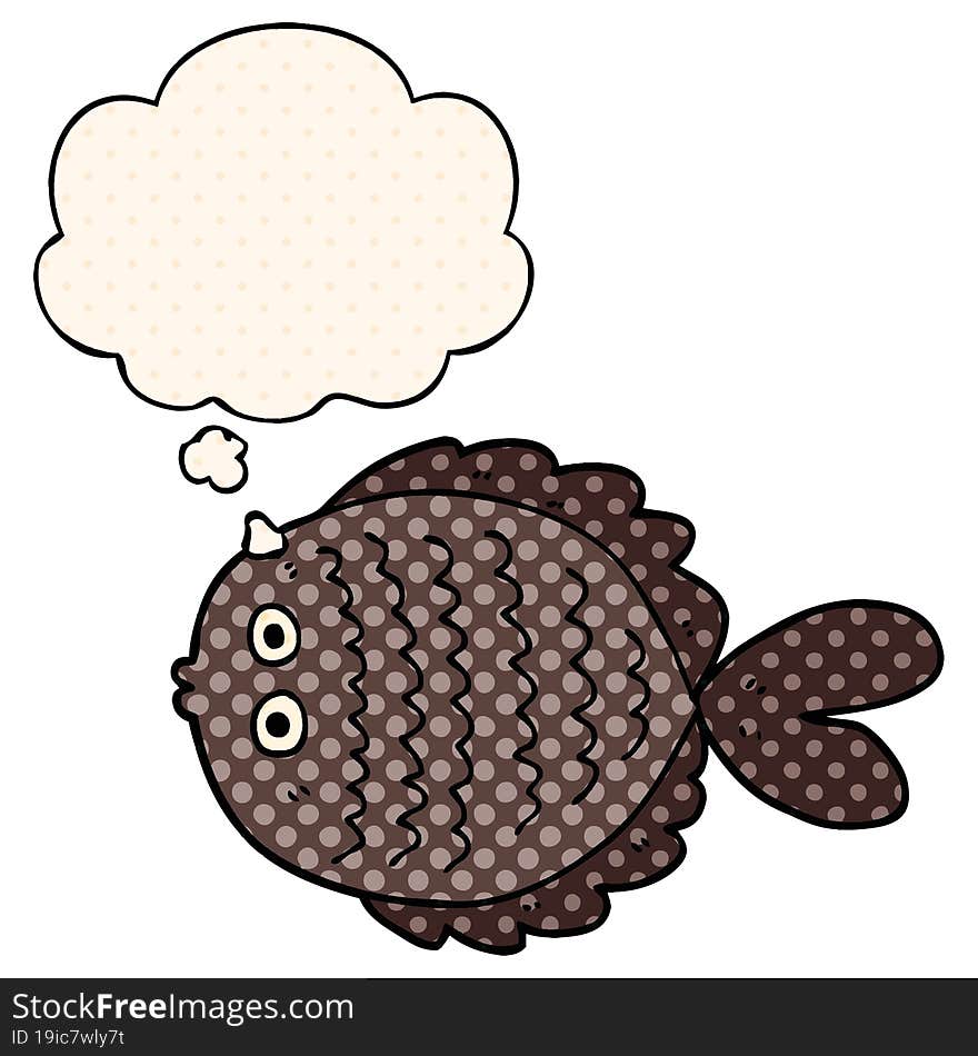 cartoon flat fish and thought bubble in comic book style