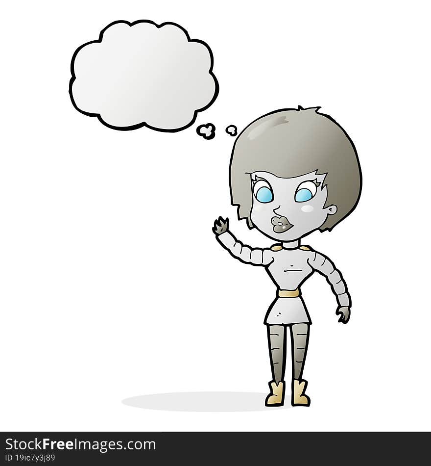 cartoon robot woman waving with thought bubble