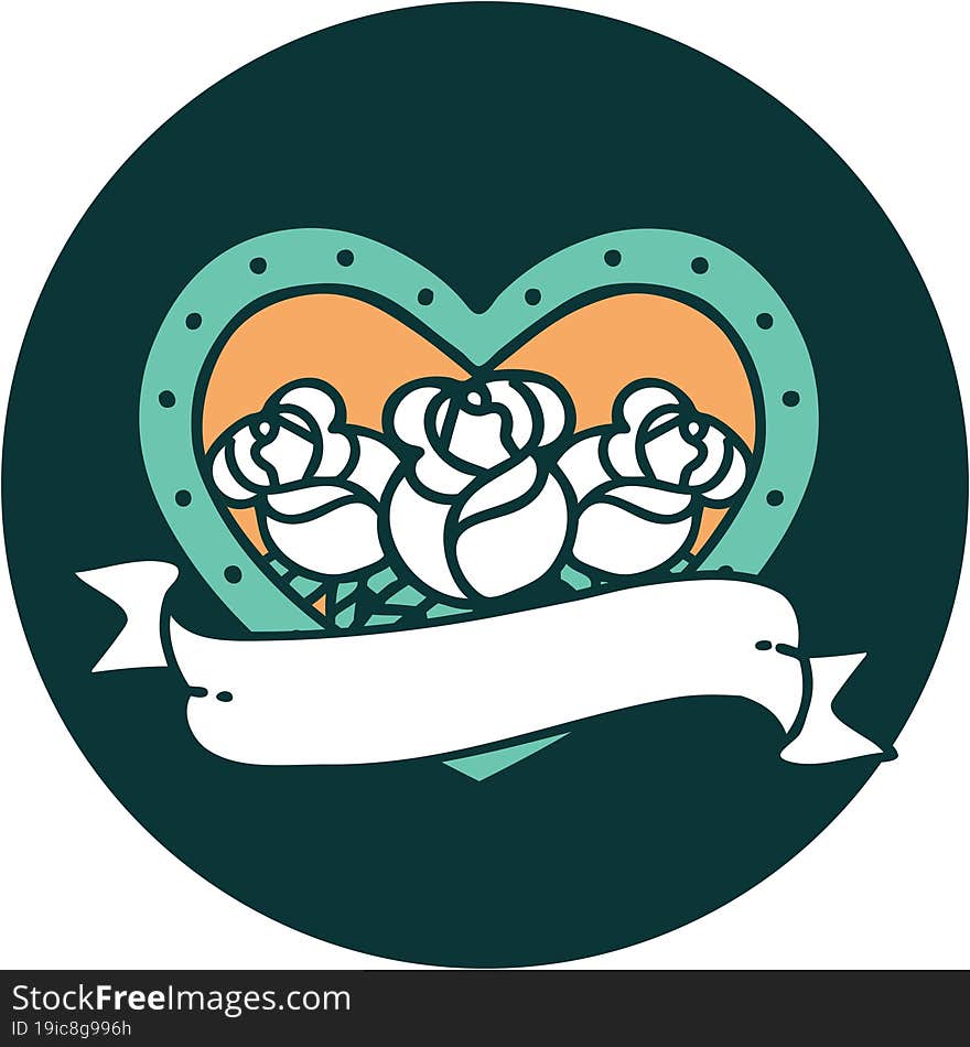 Tattoo Style Icon Of A Heart And Banner With Flowers