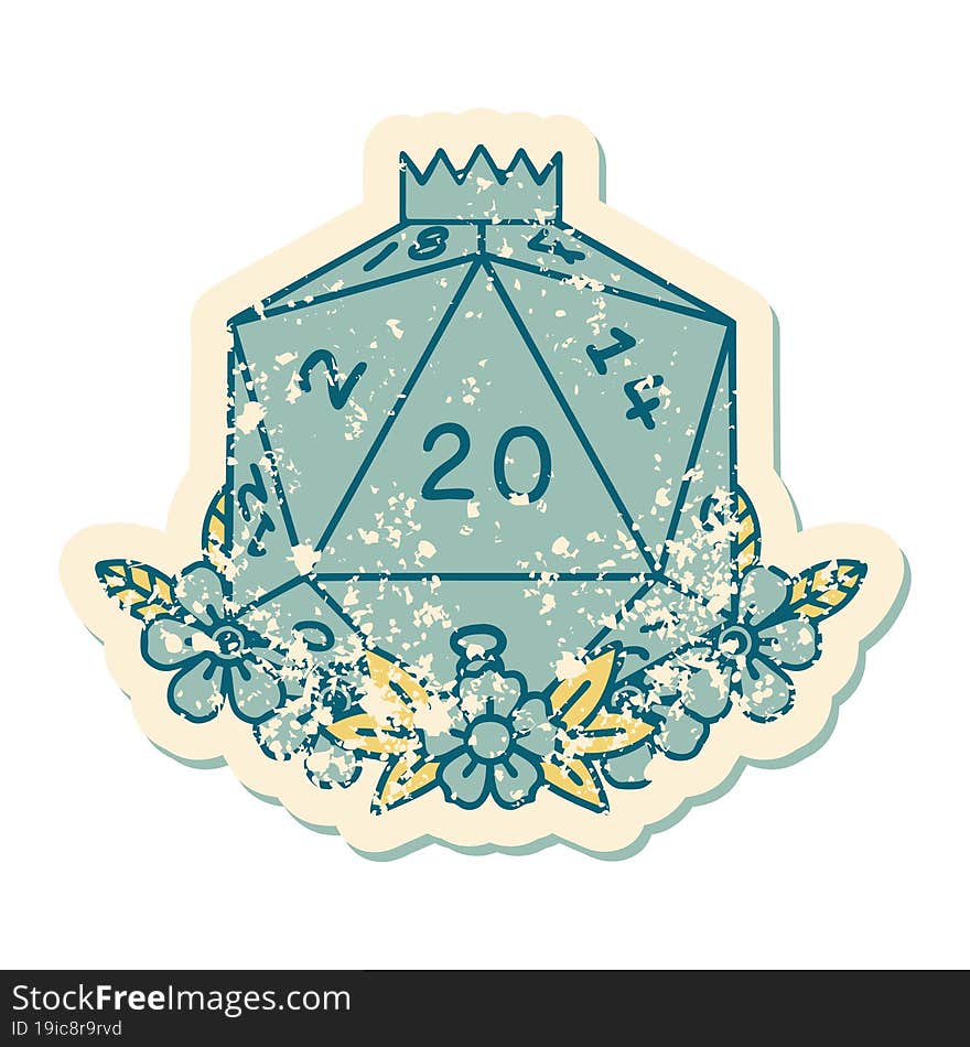 Natural 20 D20 Dice Roll With Floral Elements Illustration