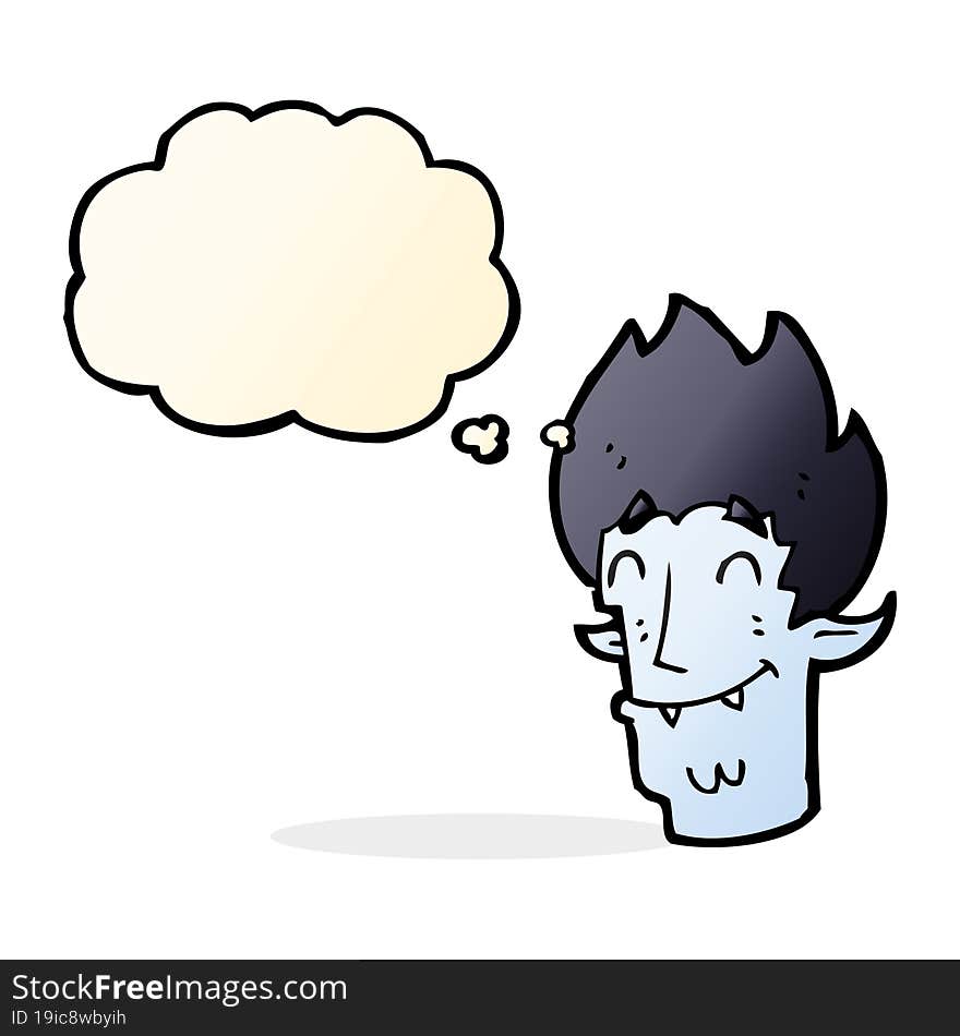 cartoon happy vampire head with thought bubble