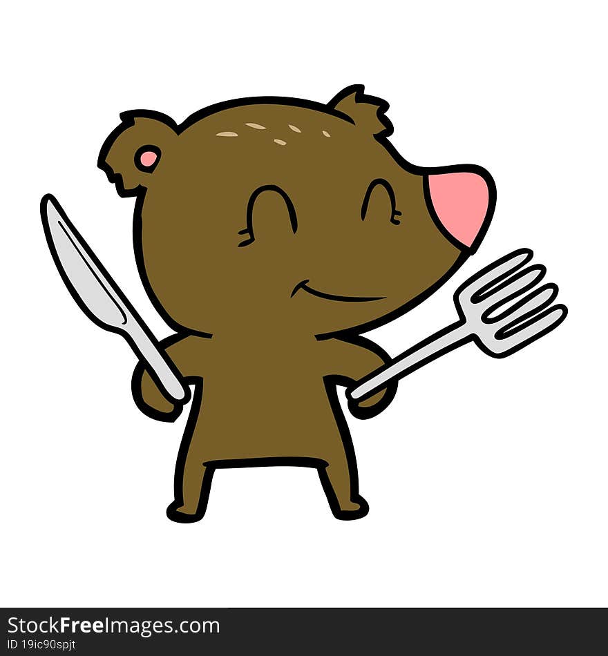 smiling bear cartoon with knife and fork. smiling bear cartoon with knife and fork