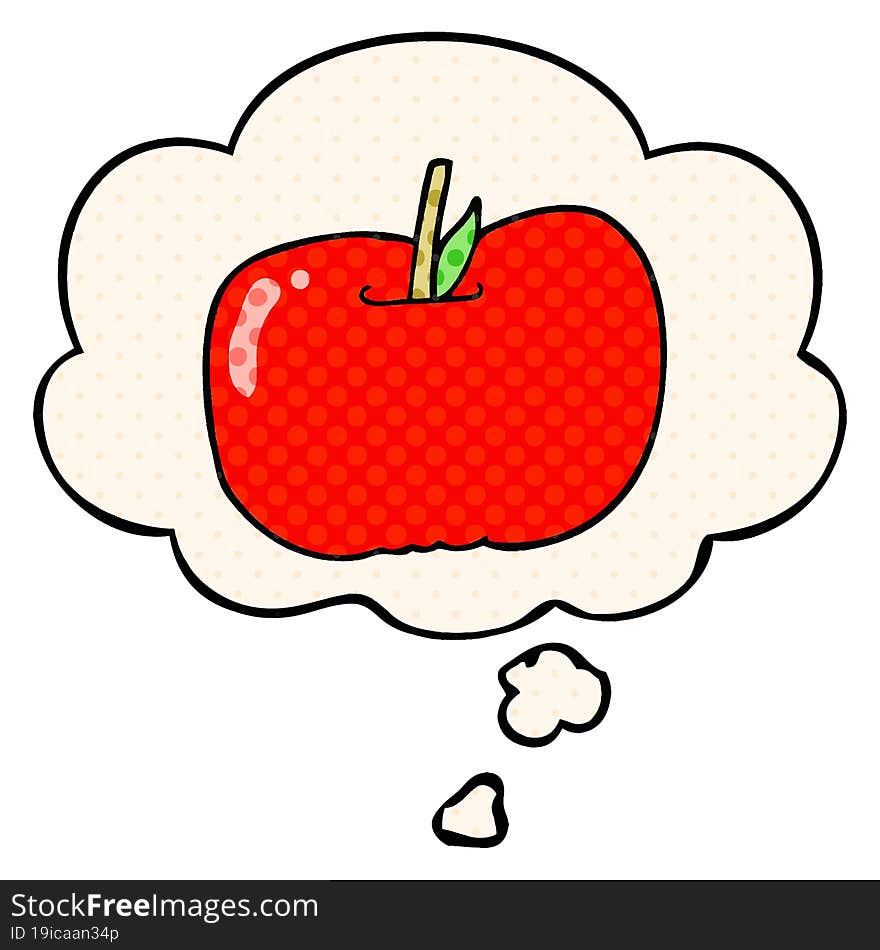 cartoon apple with thought bubble in comic book style