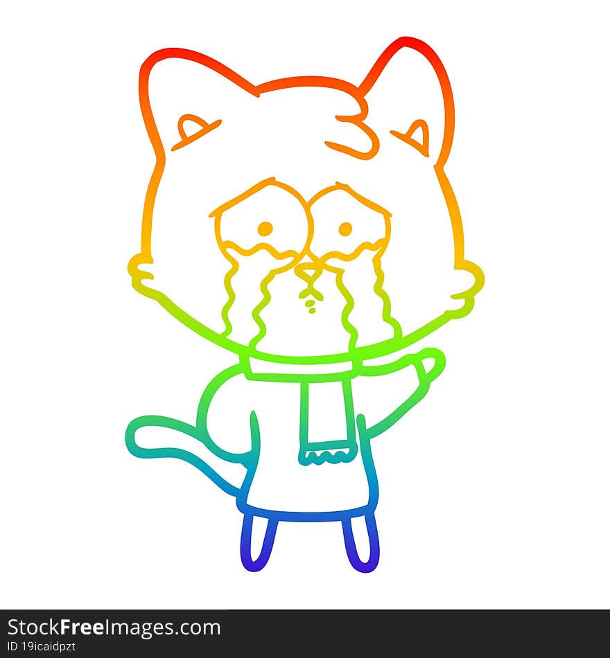 Rainbow Gradient Line Drawing Cartoon Crying Cat