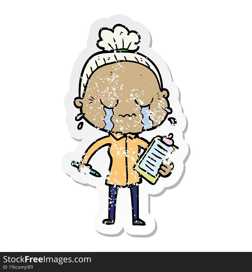 distressed sticker of a cartoon crying old lady