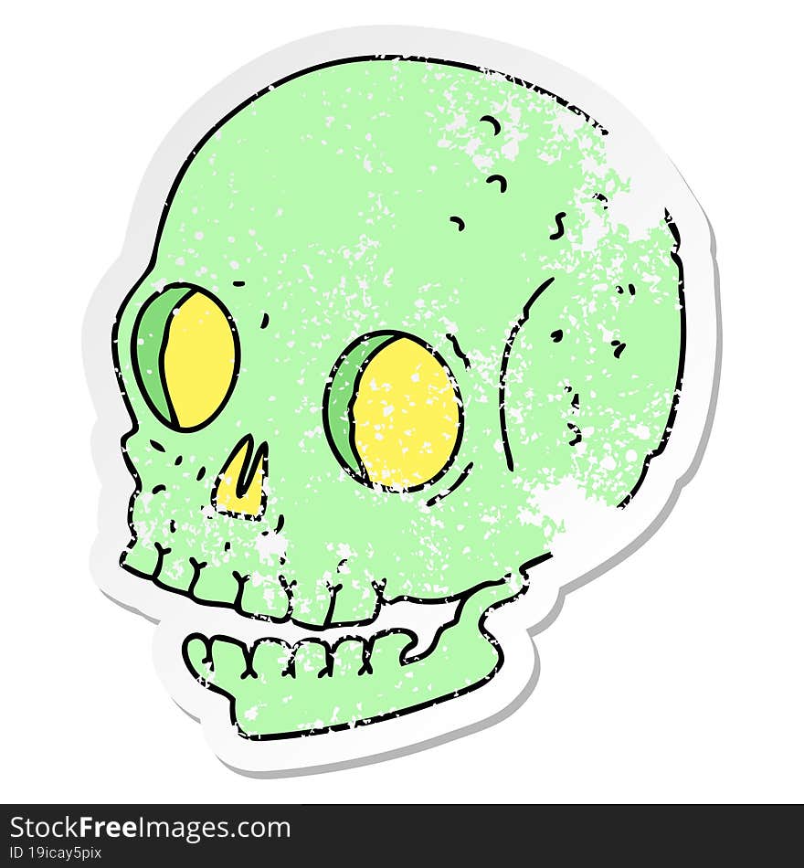 distressed sticker of a quirky hand drawn cartoon skull