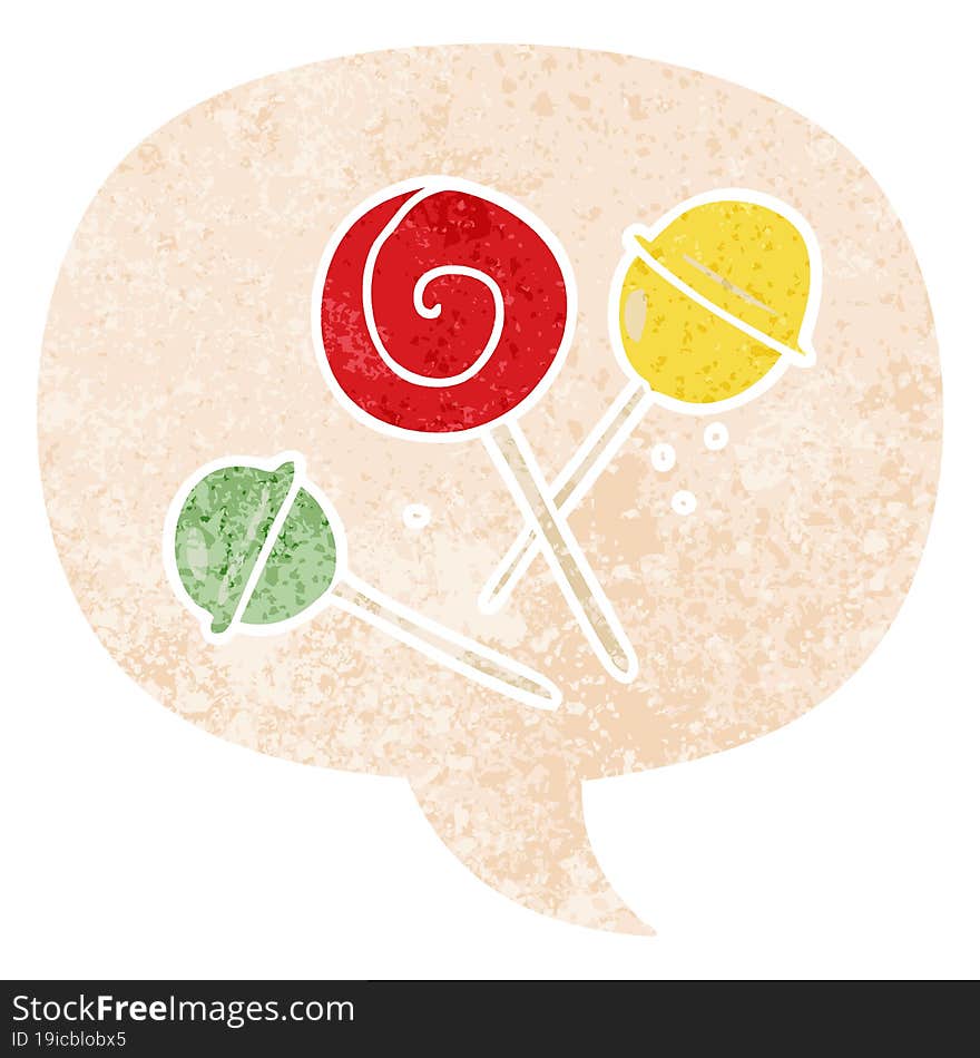 cartoon lollipop and speech bubble in retro textured style