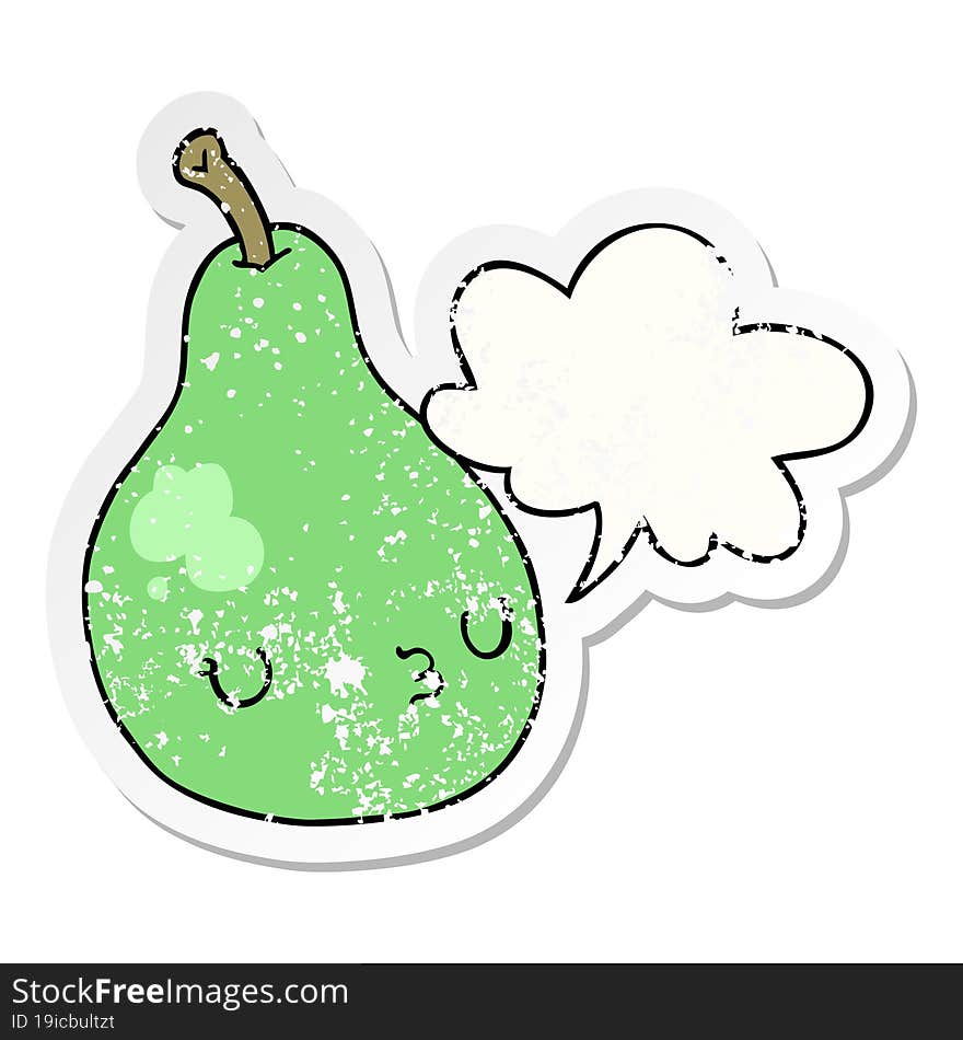 cartoon pear with speech bubble distressed distressed old sticker. cartoon pear with speech bubble distressed distressed old sticker