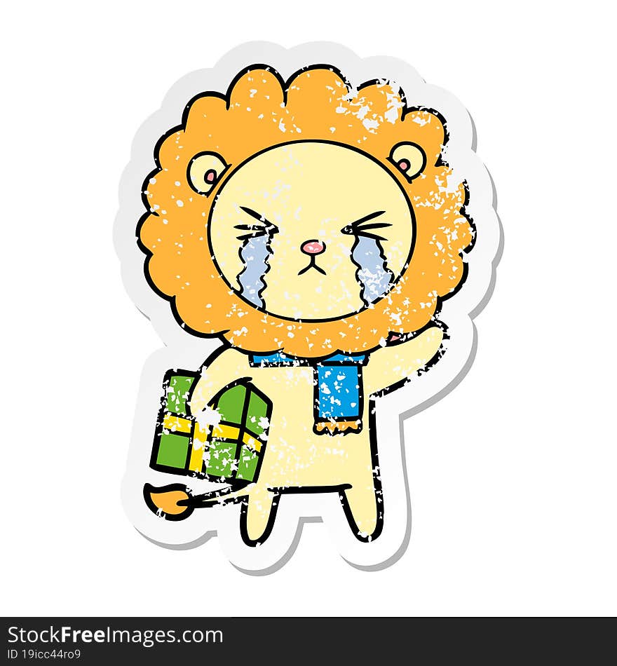 distressed sticker of a cartoon crying lion