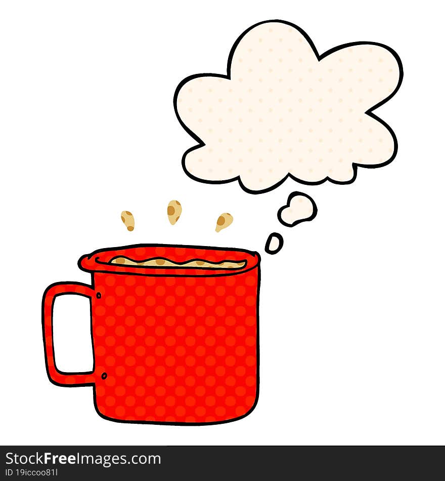 cartoon camping cup of coffee with thought bubble in comic book style