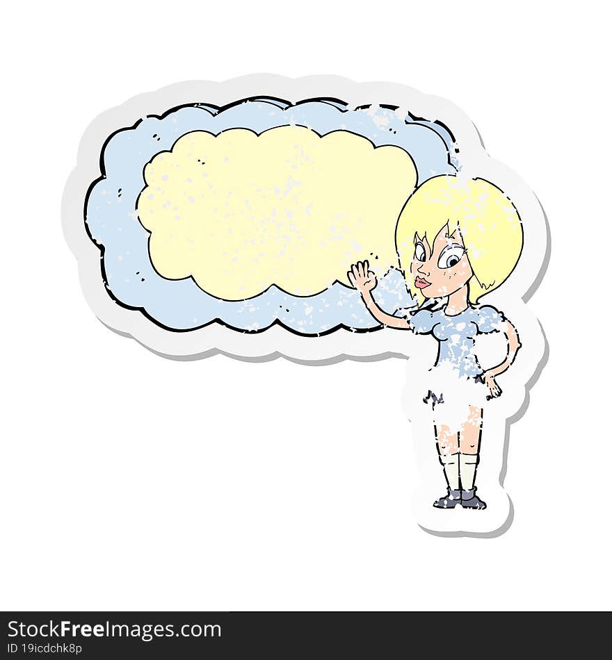 retro distressed sticker of a cartoon woman with cloud text space