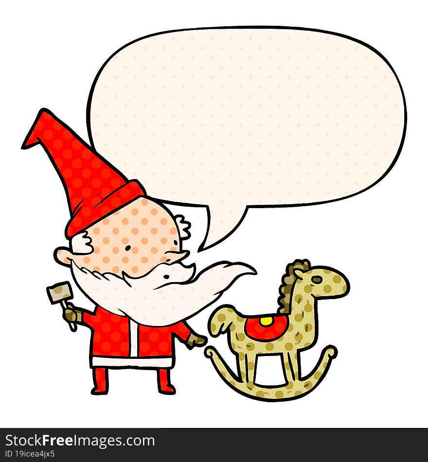 cartoon santa (or elf) making a rocking horse with speech bubble in comic book style