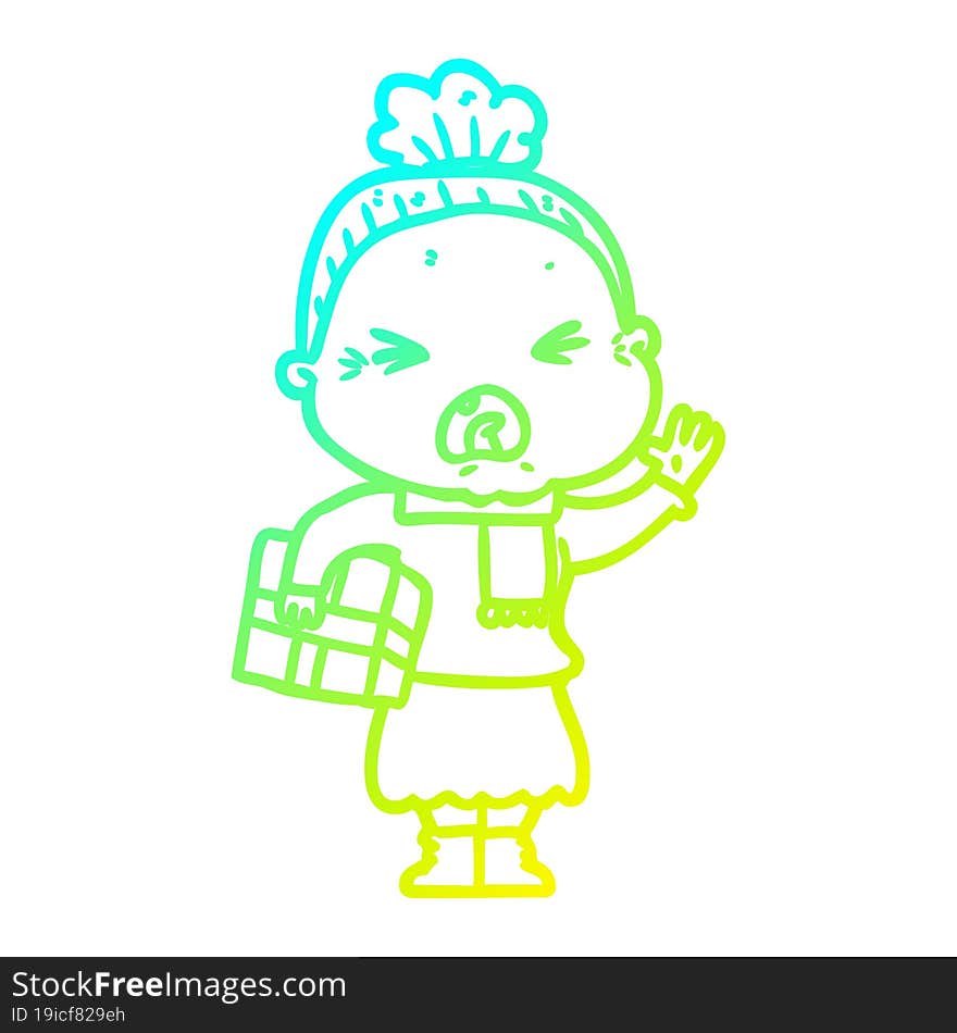 Cold Gradient Line Drawing Cartoon Angry Old Woman