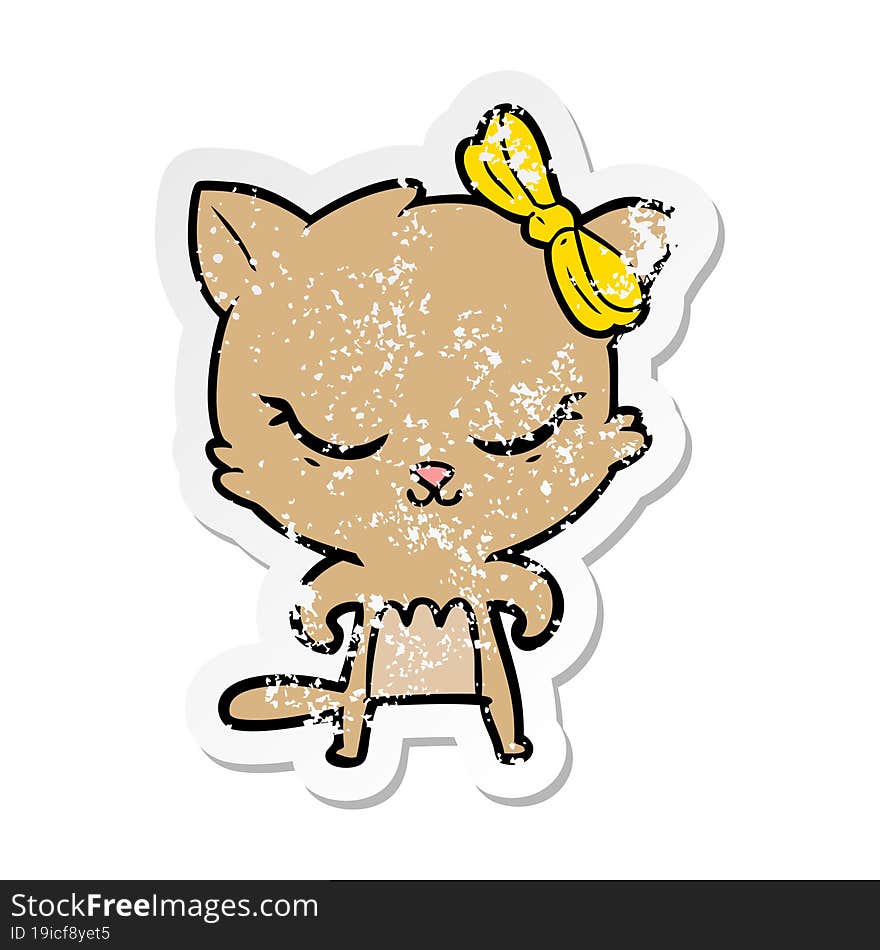 distressed sticker of a cute cartoon cat with bow