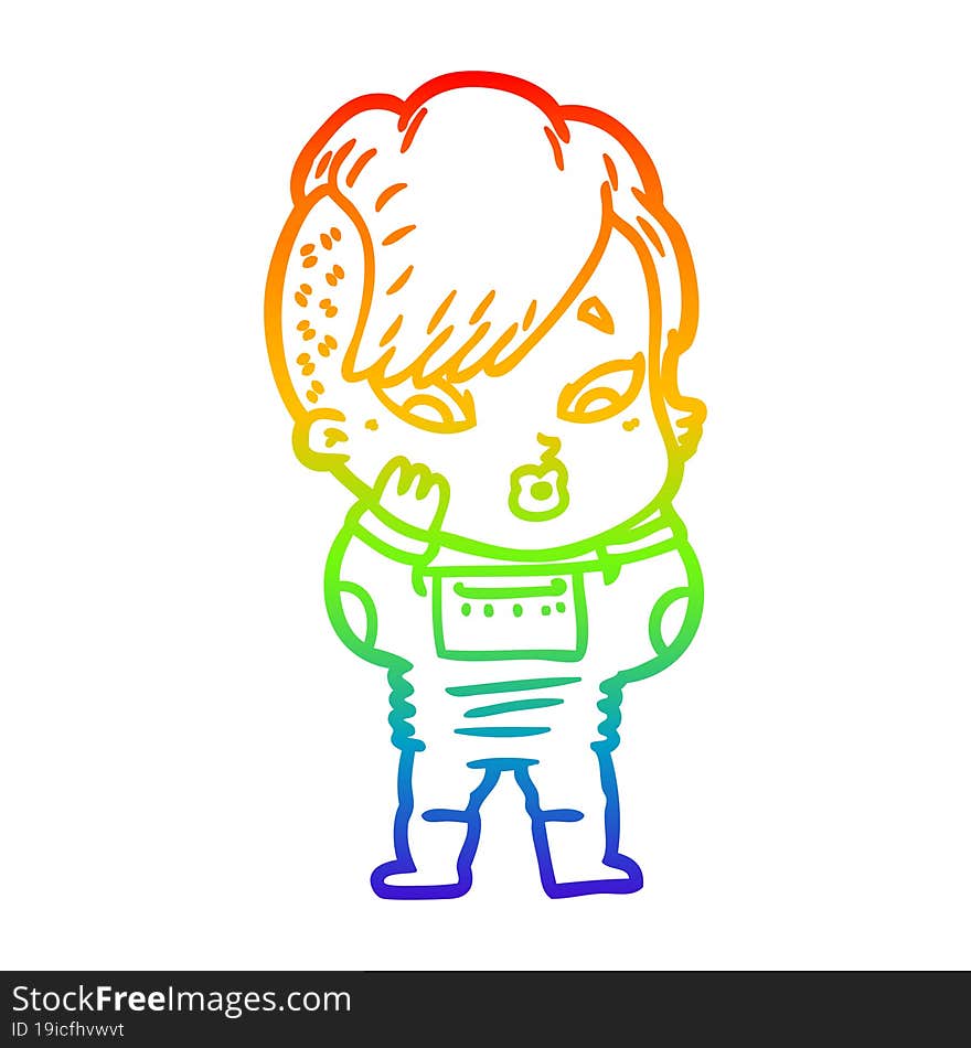 rainbow gradient line drawing cartoon surprised girl in science fiction clothes