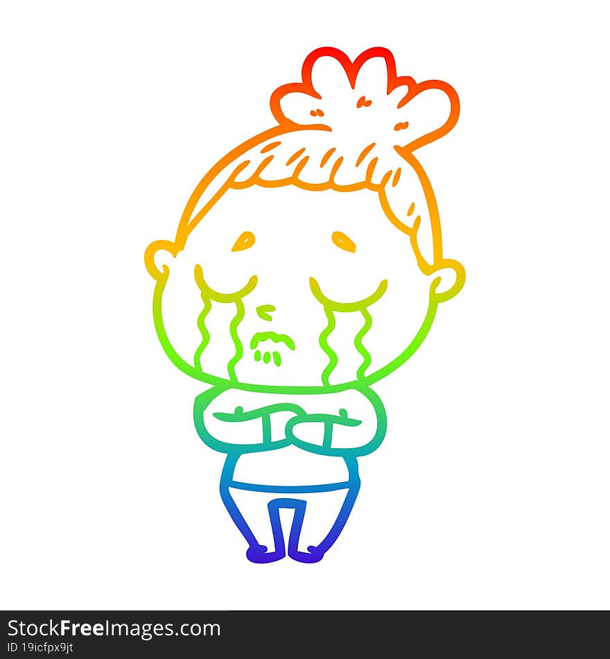 rainbow gradient line drawing of a cartoon crying woman