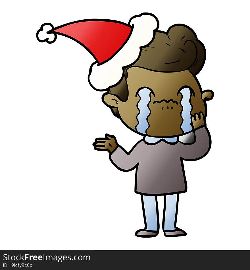 gradient cartoon of a man crying wearing santa hat