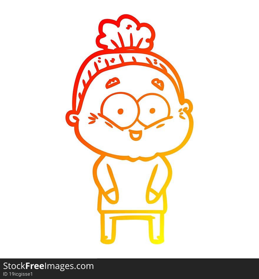 warm gradient line drawing of a cartoon happy old woman