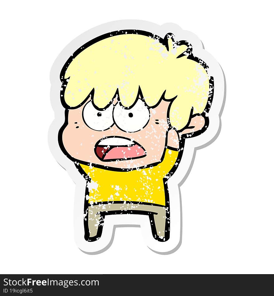 Distressed Sticker Of A Worried Cartoon Boy