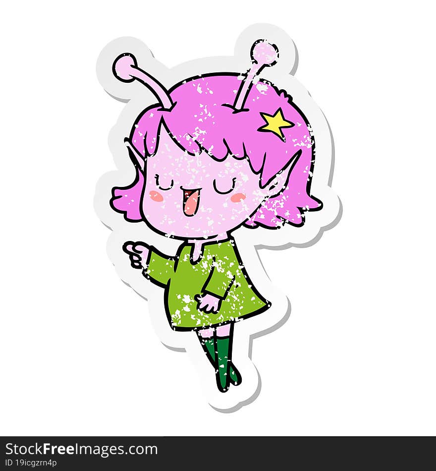 distressed sticker of a happy alien girl cartoon