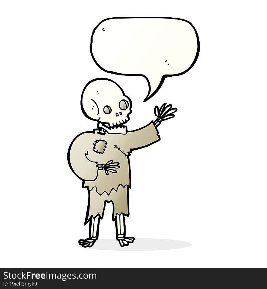 cartoon skeleton waving with speech bubble