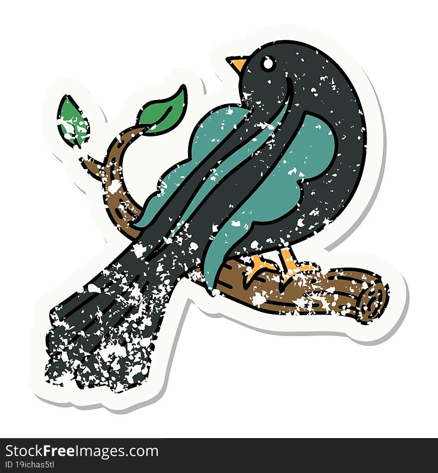 traditional distressed sticker tattoo of a bird on a branch