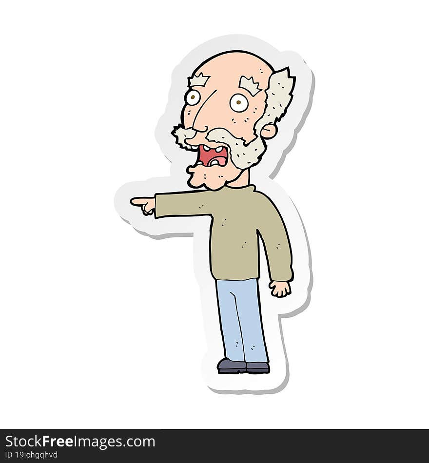 Sticker Of A Cartoon Scared Old Man Pointing