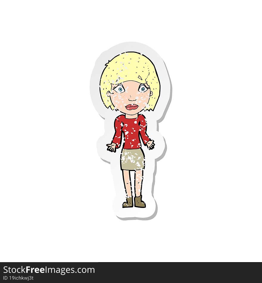 Retro Distressed Sticker Of A Cartoon Woman Shrugging Shoulders