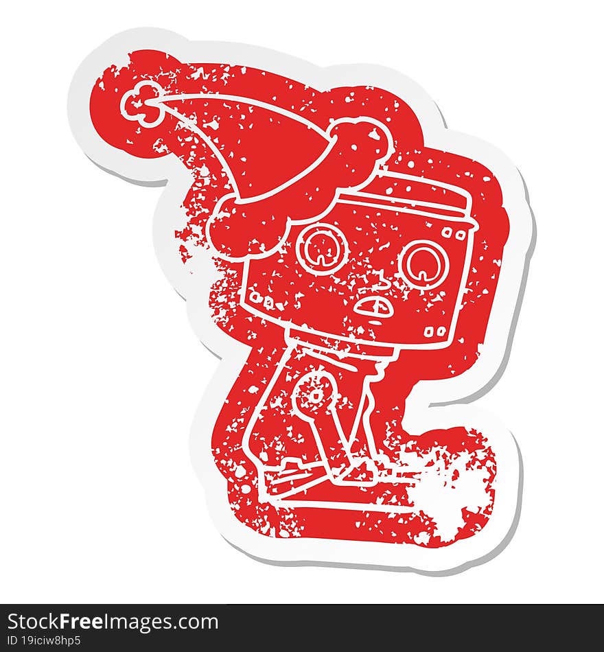 cartoon distressed sticker of a robot wearing santa hat