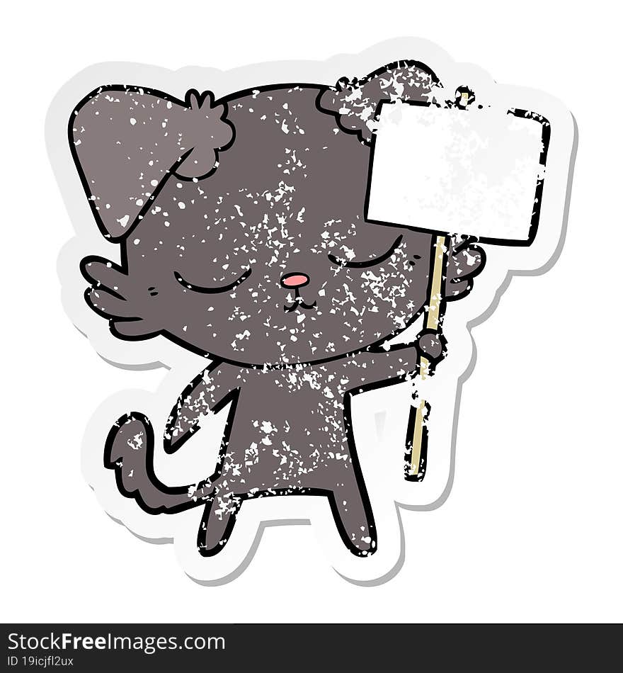 distressed sticker of a cute cartoon dog with placard