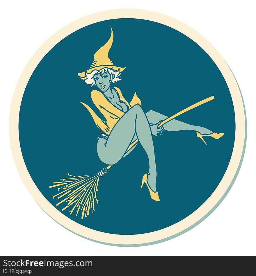 sticker of tattoo in traditional style of a pinup witch. sticker of tattoo in traditional style of a pinup witch