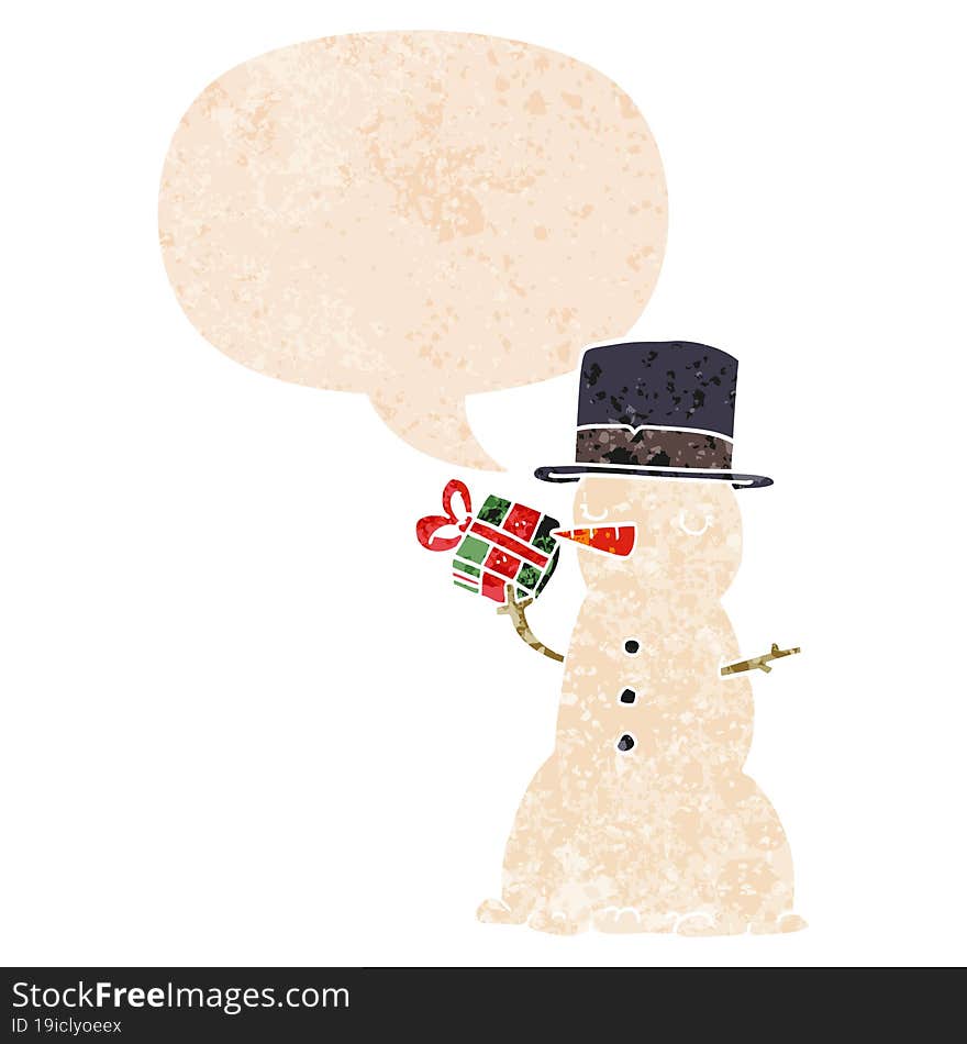 cartoon snowman and speech bubble in retro textured style