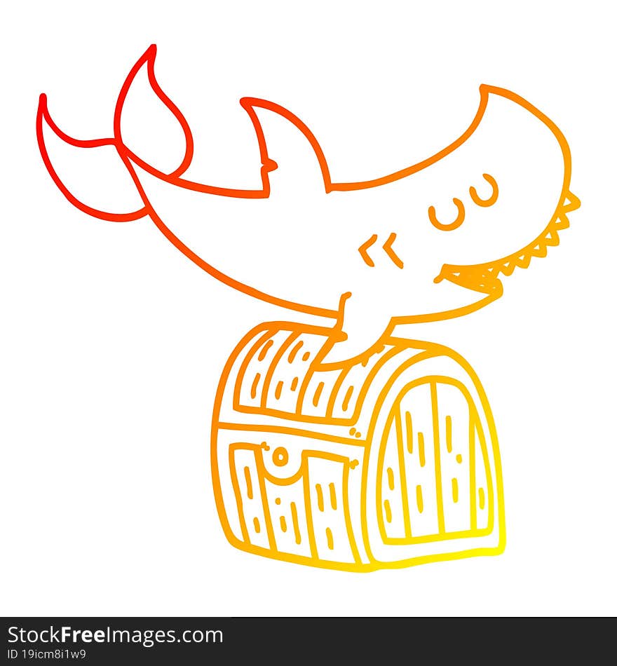 warm gradient line drawing of a cartoon shark swimming over treasure chest