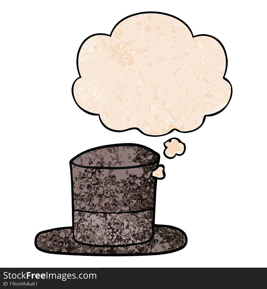 cartoon top hat and thought bubble in grunge texture pattern style