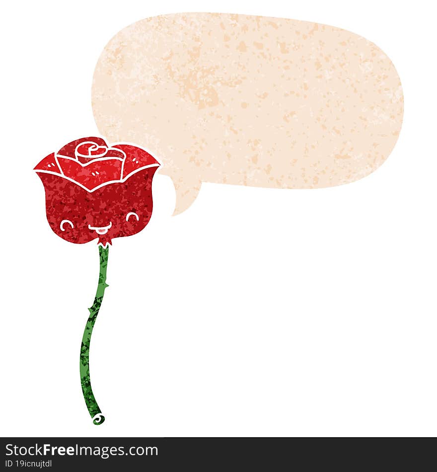 cartoon rose and speech bubble in retro textured style