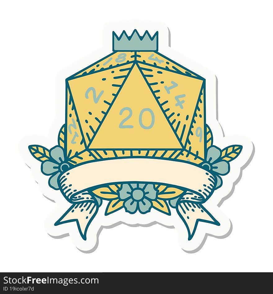 sticker of a natural 20 critical hit D20 dice roll. sticker of a natural 20 critical hit D20 dice roll