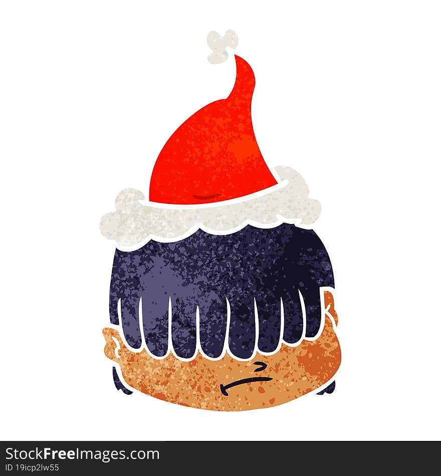 hand drawn retro cartoon of a face with hair over eyes wearing santa hat